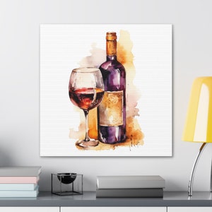 Wine Watercolor Canvas Gallery Wrap, Wine bottle and glass artwork, wine theme home decor, wine cellar artwork, wine lover gift, kitchen art