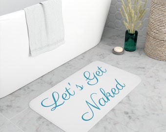 Let's Get Naked Memory Foam Bath Mat, Fun Bathroom Decor, Blue and White Bathroom Decor, Funny Bathroom Mat, Cute Housewarming Gift