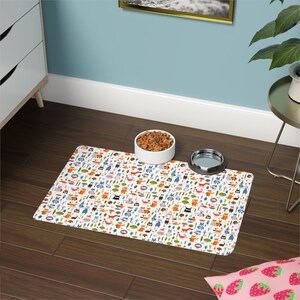 Woodland Critter Pet Food Mat, colorful pet food placemat, dog lover&#39;s gift, cat lover&#39;s gift, slobber mat, mess mat, cute dog mom dad gift