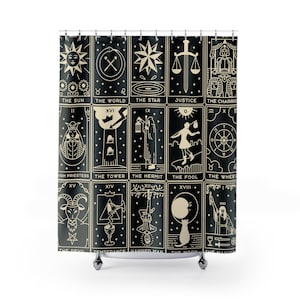 Tarot Karte Duschvorhang, Tarot Badezimmer Dekor, Tarot Wohndekor, Witchy Designs, spirituelles Dekor, Tarot Leser Geschenk, Spaß Duschvorhang