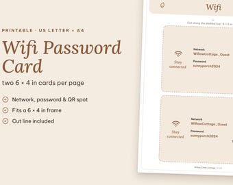 Wifi Password Sign Printable | Airbnb Guest Card 6x4, QR Code Spot | A4 US Letter