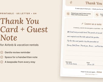 Airbnb Thank You Card with Guest Note | Review Request Sign | Printable A4 US Letter