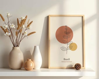 Basil Herb Print, Terracotta Kitchen Wall Art, Botanical Line Art Poster, Gift for Cooks