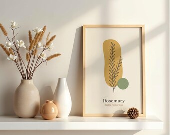 Rosemary Herb Print, Mustard Kitchen Wall Art, Botanical Line Art Poster, Gift for Cooks