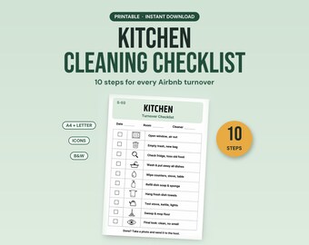 Checkliste für die Küchenreinigung (zum Ausdrucken) | Checkliste für Reinigungskräfte bei Airbnb-Übergaben | Visuelle Symbole