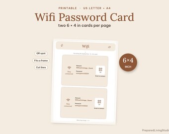 WLAN-Passwort-Schild zum Ausdrucken | Airbnb-Gästekarte 6x4, QR-Code-Feld | A4 US Letter