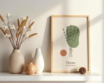 Thyme Herb Print, Olive Green Kitchen Wall Art, Botanical Line Art Poster, Gift for Cooks