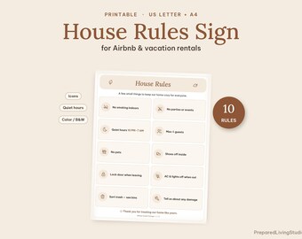 Hausregeln-Schild zum Ausdrucken | Airbnb-Hausregeln-Poster | Gästeregeln für Ferienwohnungen mit Symbolen | A4 (US Letter)