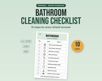 Checkliste für die Badezimmerreinigung (zum Ausdrucken) | Airbnb-Checkliste für Reinigungskräfte bei der Zimmerübergabe | Visuelle Symbole