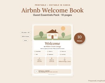 Airbnb-Willkommensbuch-Vorlage | Bearbeitbares Canva-Gästehandbuch | Hausregeln, WLAN-Karte zum Ausdrucken
