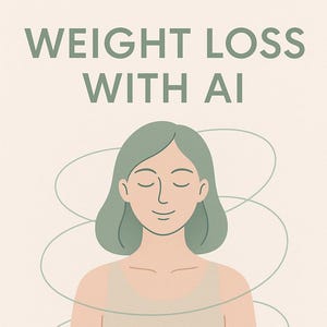 以下が含まれることがあります： 「WEIGHT LOSS WITH AI」と「YOUR KIND GUIDE TO GOALS, CALORIES & BALANCE」のテキストが入ったイラスト。 閉じた目をした女性が、渦巻く線に囲まれ、ベージュのタンクトップを着て、ベージュの背景に描かれています。
