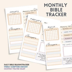 Könnte beinhalten: Ein Satz beige-weißer, druckbarer Bibel-Tracker. Die Tracker enthalten Kalender für Januar, Februar und März 2026 mit Platz für Gebete und Merkverse. Der Text "Monthly Bible Tracker" steht oben.