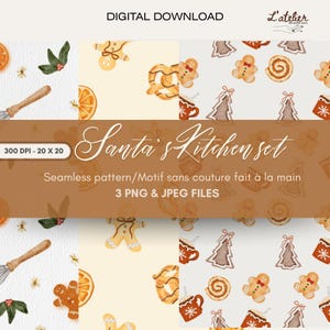 May include: Digital download featuring a watercolor design with gingerbread men, pretzels, mugs, and Christmas trees. The text "Santa's Kitchen set" is displayed, along with "3 PNG & JPEG FILES". The design includes oranges, whisks, and leaves.