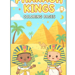Puede incluir: Una portada de libro para colorear infantil titulada "Pharaoh Kings Coloring Pages". Presenta ilustraciones de dibujos animados de dos faraones, pirámides, un camello y palmeras sobre un fondo de cielo azul.