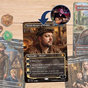 May include: A custom Magic: The Gathering style trading card titled Tavern Keeper of Realms featuring a portrait of a man in a hat, alongside other fantasy game cards and several multi-sided gaming dice in blue, green, and amber colors.