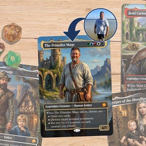 May include: A custom trading card titled The Primalist Mage featuring a bearded man in a tunic, with a circular inset photo of the same man. Surrounding cards include Bold Cartographer, Joined Pilgrimage, and Keeper of the Bloodline, plus polyhedral dice.