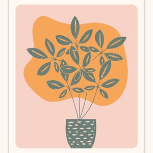 Könnte beinhalten: Grafik mit dem Text "Atomic Habits in Action" und "30-Day Challenge". Das Bild zeigt eine stilisierte Pflanze in einem strukturierten Topf vor einem pfirsich- und orangefarbenen Hintergrund. Die Pflanze hat graugrüne Blätter.