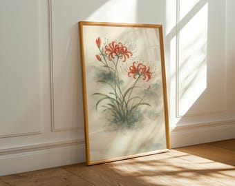 Póster de lirio araña rojo japonés / Impresión floral vintage / Estilo xilográfico tradicional / Arte mural azul y rojo / Decoración botánica japonesa