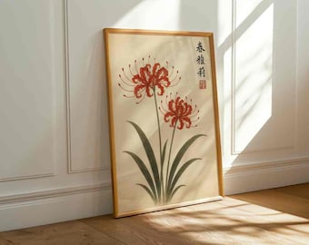 Póster de lirio araña rojo japonés / Impresión floral vintage / Estilo xilográfico tradicional / Arte mural azul y rojo / Decoración botánica japonesa