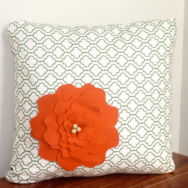 Pillow, Home Decor, Cream and Green Mod Pattern with Orange Felt Flower