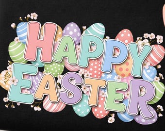 Buona Pasqua SVG PNG, disegno a sublimazione di uova di Pasqua pastello, clipart pasquali floreali colorate, download immediato per biglietti fai da te e magliette