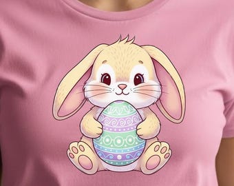 Simpatico coniglietto pasquale che tiene in mano un uovo PNG / Clipart coniglietto pastello / Download digitale del design a sublimazione pasquale
