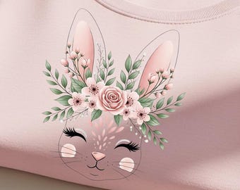 Pacchetto di clipart pasquali, ghirlanda floreale PNG, coniglietta kawaii e faccia di coniglio boho, disegni primaverili a sublimazione, download digitale