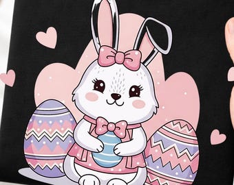Simpatico coniglietto pasquale in formato PNG, coniglietta kawaii con uova di Pasqua in sublimazione, clipart di coniglietto pasquale rosa per magliette per bambini, digitale