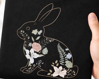 Coniglietto floreale SVG PNG, silhouette di coniglio pasquale Clipart, disegno di sublimazione di coniglietto di fiori selvatici, elegante download digitale floreale primaverile