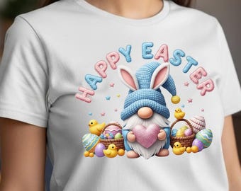 Disegno a sublimazione PNG di gnomo pasquale, gnomo coniglietto pasquale felice con pulcini e uova, trasferimento DTF primaverile pastello, simpatica clipart natalizia