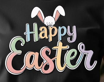 Buona Pasqua in formato PNG, disegno di un coniglietto pasquale in colori pastello, simpatica sublimazione pasquale, grafica di orecchie da coniglio primaverili, disegno di maglietta pasquale, clipart stampabile
