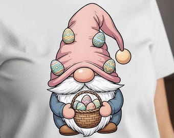 Gnomo pasquale in formato PNG con cestino, clipart di gnomo coniglietto rosa, sublimazione di un grazioso uovo di Pasqua, design DTF di gnomo primaverile, arte di gnomo da giardino per le feste