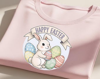 Simpatico coniglietto bianco in formato PNG a sublimazione, coniglietto pasquale felice con uova colorate, clipart primaverili pastello, trasferimento DTF del design della maglietta pasquale