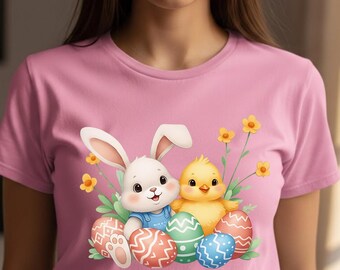 Simpatico coniglietto pasquale e pulcino PNG, clipart di animali primaverili kawaii, disegno a sublimazione di uova di Pasqua, download digitale per magliette