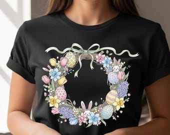 Clipart PNG di ghirlande pasquali, sublimazione di coniglietti pastello e fiori primaverili, ghirlanda di uova di Pasqua ad acquerello, cornice floreale digitale