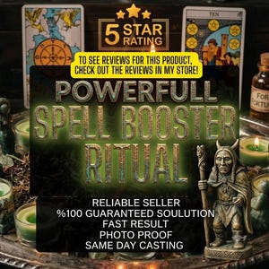May include: A decorative figurine of a horned figure holding a staff, surrounded by green candles and tarot cards. Text overlay reads: 5 STAR RATING, TO SEE REVIEWS FOR THIS PRODUCT, CHECK OUT THE REVIEWS IN MY STORE!, POWERFULL SPELL BOOSTER RITUAL.
