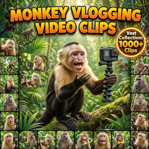 Könnte beinhalten: Eine digitale Sammlung von Affen-Vlogging-Videoclips mit einem Kapuzineraffen, der eine schwarze Action-Kamera auf einem flexiblen Stativ hält. Das Bild enthält den Text MONKEY VLOGGING VIDEO CLIPS und Vast Collection 1000+ Clips.
