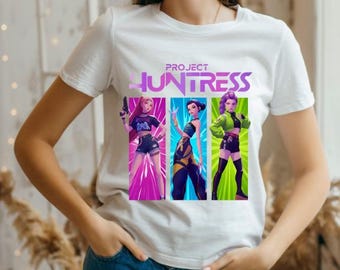 Neonowa koszulka HUNTRAX K-Pop | Koszulka Cyberpunk Girl Group | Gadżet gamingowy