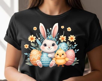 Simpatico coniglietto pasquale e pulcino clipart con uova floreali / Illustrazione PNG di Pasqua pastello / Download digitale per le vacanze di primavera