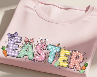 Design retrò di Pasqua in PNG a sublimazione, design di maglietta con alfabeto scarabocchiato di Pasqua, clipart pasquali kawaii pastello, trasferimento DTF pasquale disegnato a mano