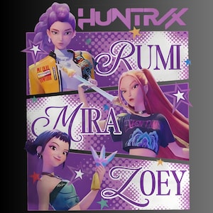 May include: A graphic design featuring three animated female characters, each with unique hairstyles and outfits. The names "RUMI", "MIRA", and "ZOEY" are displayed. The background is a mix of purple and white with star and dot patterns, and the text "HUNTRAX" is at the top.