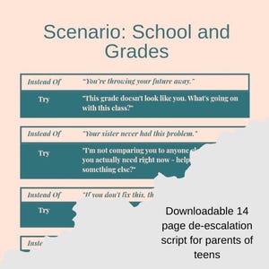 May include: A light peach-colored informational graphic titled Scenario: School and Grades. It features a table with Instead Of and Try columns, providing communication scripts for parents. Text includes phrases like You're throwing your future away.