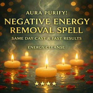 May include: An image with a dark background and golden text that reads "AURA PURIFY! NEGATIVE ENERGY REMOVAL SPELL." Five lit candles float in water, surrounded by red rose petals. The text "SAME DAY CAST & FAST RESULTS" is also visible.