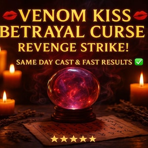 Może przedstawiać: Obraz z napisem "VENOM KISS, BETRAYAL CURSE, REVENGE STRIKE!" w złotym kolorze. Na drewnianym stole leży świecąca kryształowa kula, otoczona zapalonymi świecami i pergaminem z symbolami. Widoczny jest również tekst "SAME DAY CAST & FAST RESULTS".