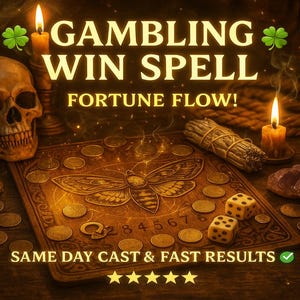 Könnte beinhalten: Ein Bild mit dem Text "GAMBLING WIN SPELL" und "FORTUNE FLOW!". Ein Totenkopf, Kerzen, ein Ouija-Brett mit einem Motten-Design, Würfel und Goldmünzen sind zu sehen. Der Text "SAME DAY CAST & FAST RESULTS" ist ebenfalls vorhanden, zusammen mit fünf goldenen Sternen.