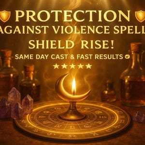 Könnte beinhalten: Eine mystische Szene mit einer brennenden Kerze in einem Halbmondhalter, umgeben von Flaschen, Kristallen und einem kreisförmigen Tierkreisdesign. Der Text lautet "PROTECTION AGAINST VIOLENCE SPELL SHIELD RISE! SAME DAY CAST & FAST RESULTS."