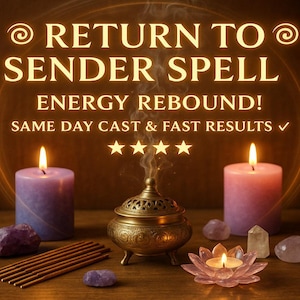 Pode incluir: Imagem com tema espiritual com o texto "RETURN TO SENDER SPELL". Inclui velas acesas, incenso, cristais e um queimador de incenso decorativo. As velas são roxas e rosas, e a estética geral é quente e convidativa.