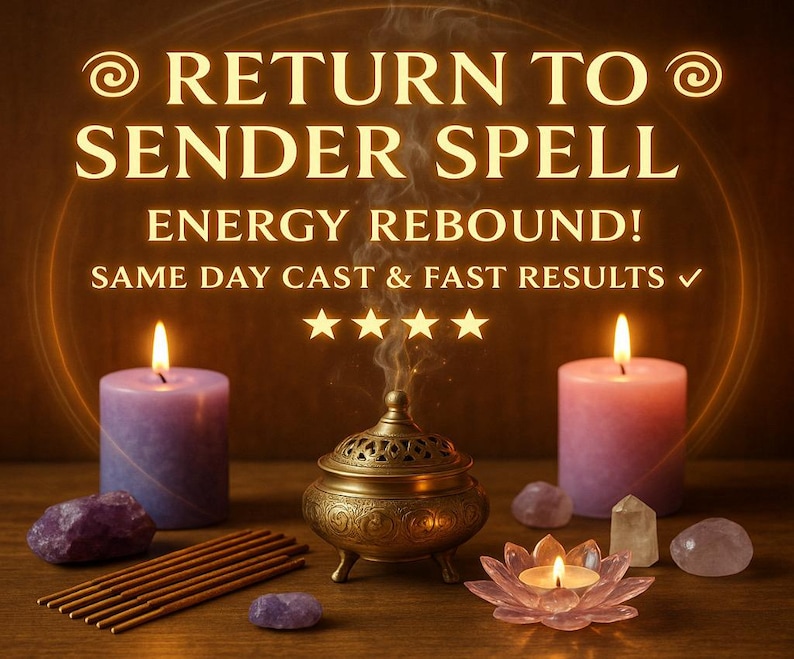 Puede incluir: Imagen de tem&aacute;tica espiritual con el texto &laquo;RETURN TO SENDER SPELL&raquo;. Incluye velas encendidas, incienso, cristales y un quemador de incienso decorativo. Las velas son moradas y rosas, y la est&eacute;tica general es c&aacute;lida y acogedora.