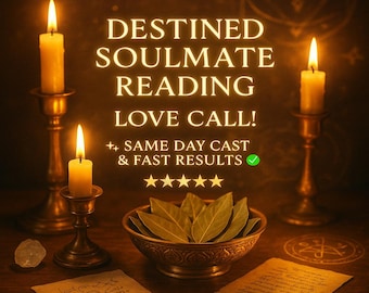 Może przedstawiać: Obraz z tekstem "DESTINED SOULMATE READING LOVE CALL!" z zapalonymi świecami w mosiężnych świecznikach, miską liści i kryształem. Tekst zawiera również "SAME DAY CAST & FAST RESULTS" i pięć gwiazdek.