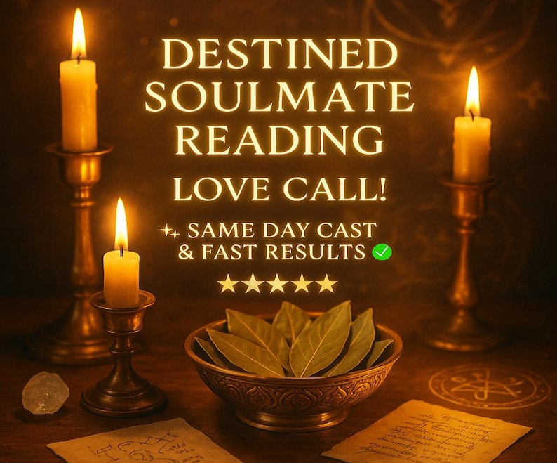 May include: An image with the text "DESTINED SOULMATE READING LOVE CALL!" with lit candles in brass holders, a bowl of leaves, and a crystal. The text also includes "SAME DAY CAST & FAST RESULTS" and five stars.